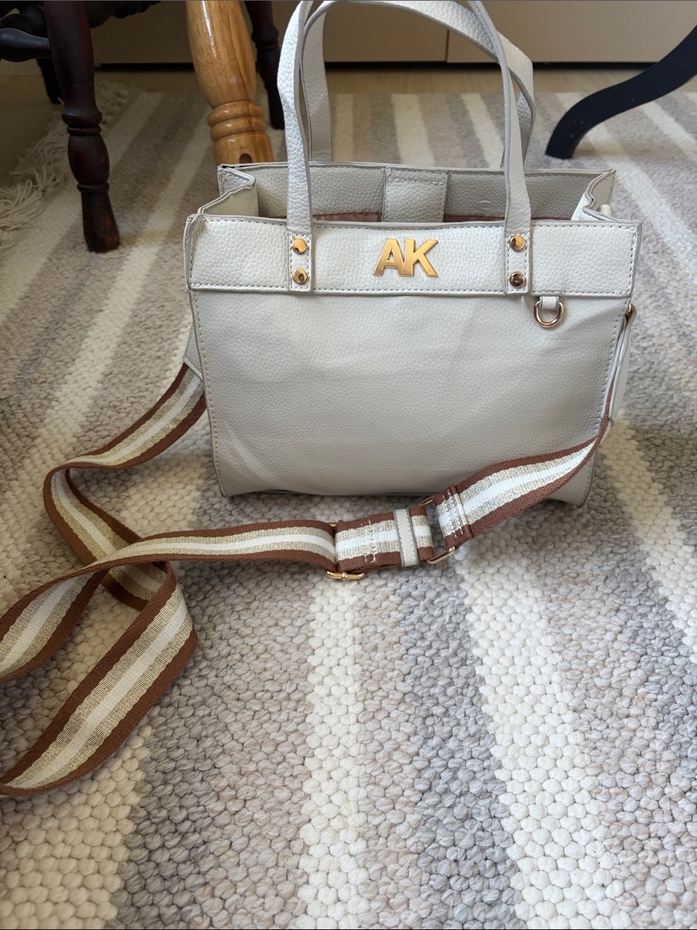 Anne Klein White faux Leather Tote with Striped Crossbody Strap